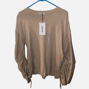NWT Zara Taupe Ruched Ruffle Long Sleeves Shirt Top Sz M